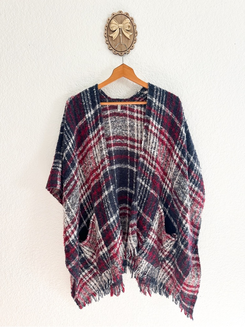 Plaid Open-Front Poncho Sweater in Navy, Burgundy, and Cream